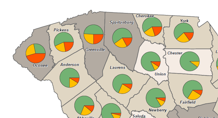 Map of Radon levels in South Carolina.