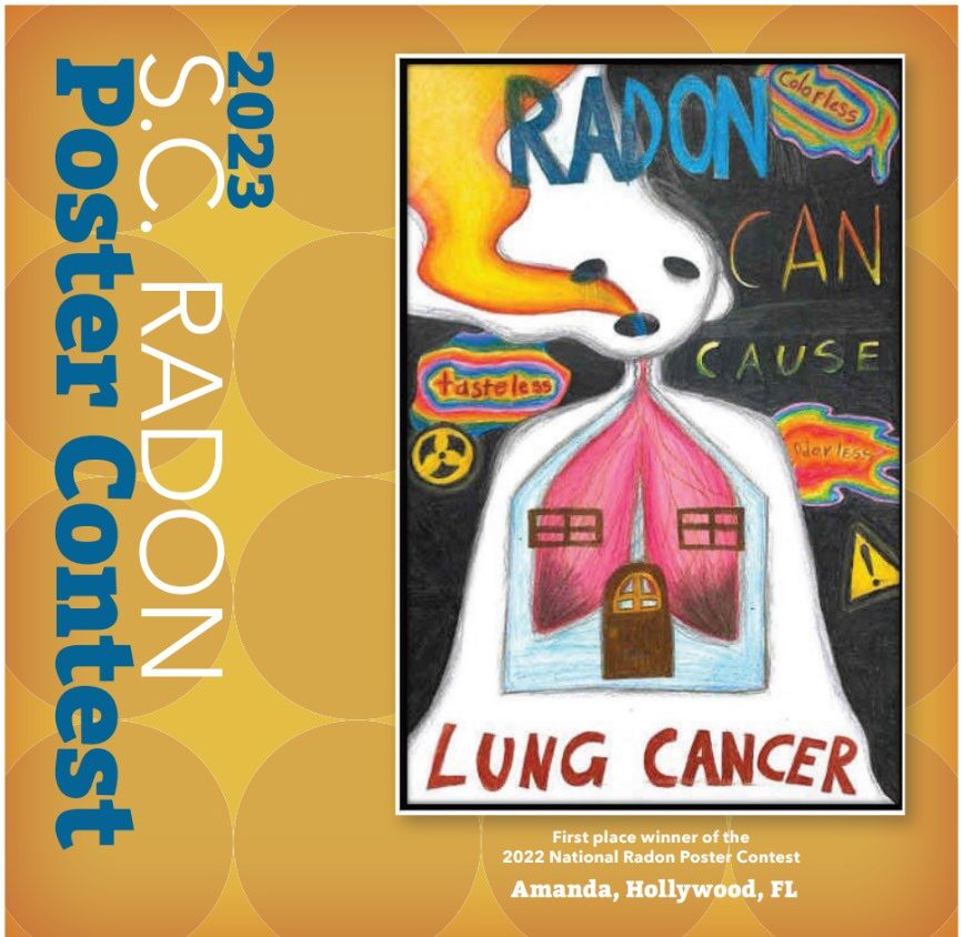 The 2023 S.C. Radon Poster Contest. First place winner of the 2022 National Radon Poster Contest was Amanda from Hollywood FL. Her poster shows a man with a house in his lungs and he is breathing in Radon gas. 
