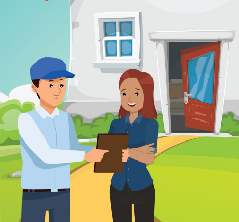 A man with a clipboard is showing the clipboard to a woman who is standing outside of her home. 