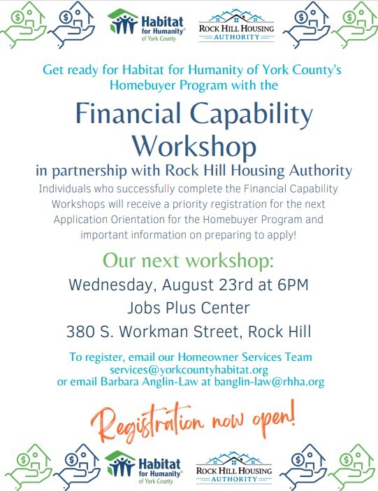 Habitat for Humanity Financial Capability Workshop. All information on flyer is listed above.