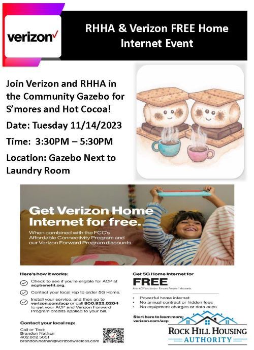 RHHA Verizon Free Home Internet Event flyer, all information in the flyer is in the text above.
