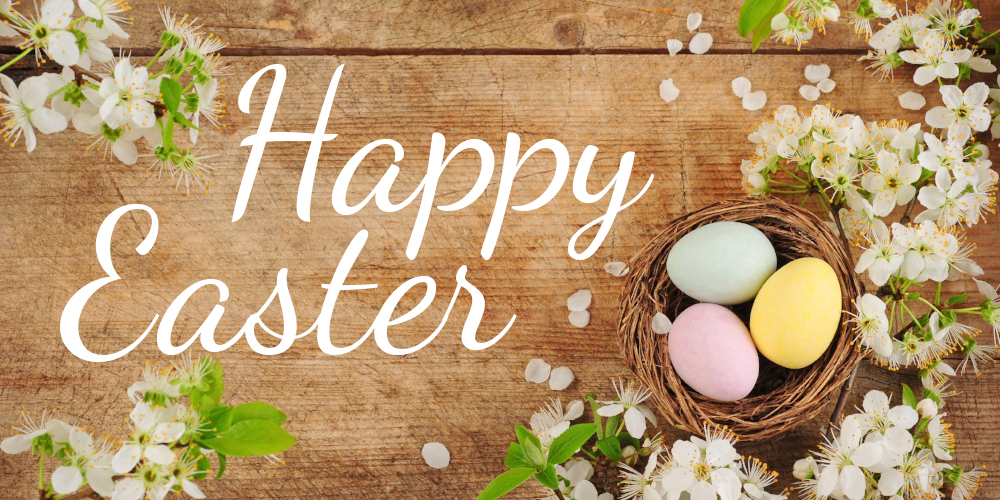 Happy Easter. A nest with three eggs in it.