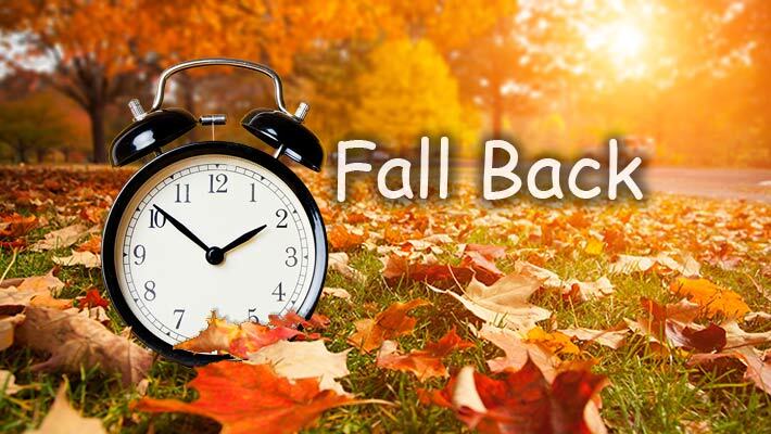 An alarm clock sitting on the ground surrounded by fall leaves.