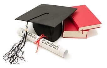 A black graduation hat, two red books, and a certificate of excellence.