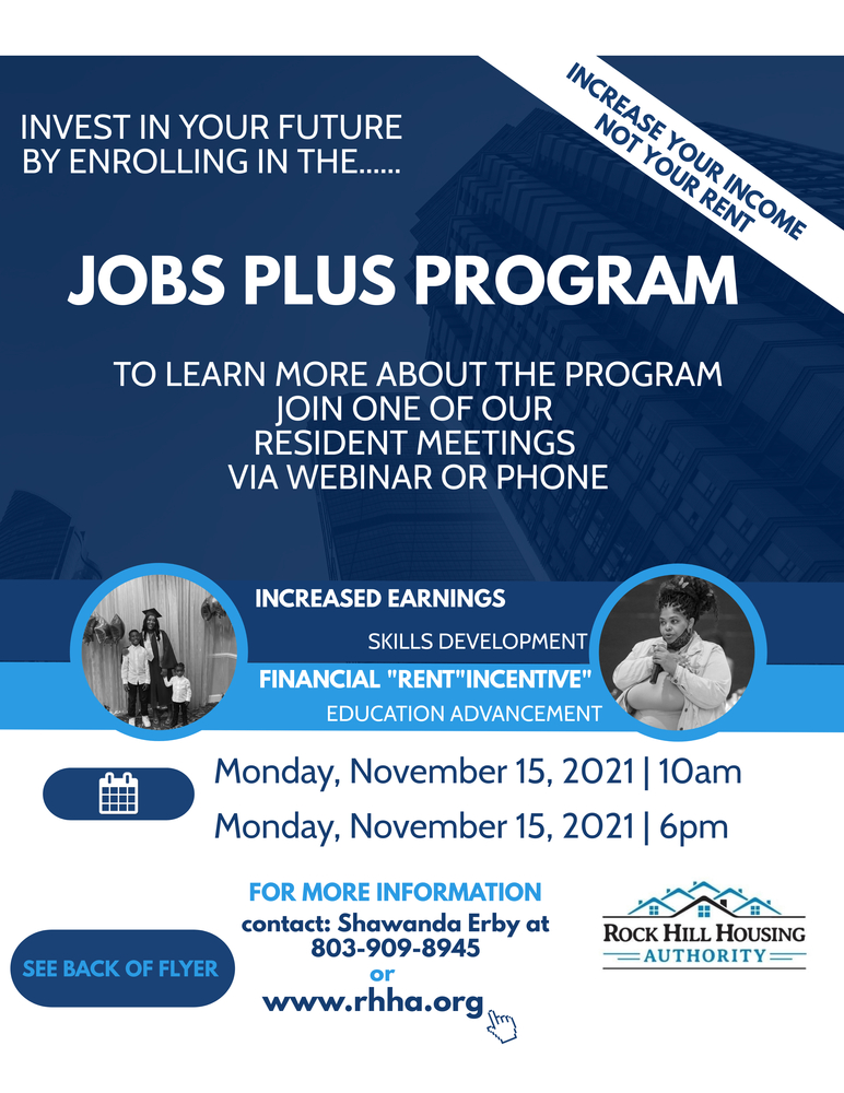 Jobs Plus Resident Meeting flyer, content above