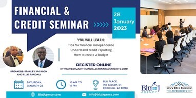 Financial and Credit Seminar Flyer. All information from this flyer is listed in the photo caption. This event occurred on January 28th, 2023.